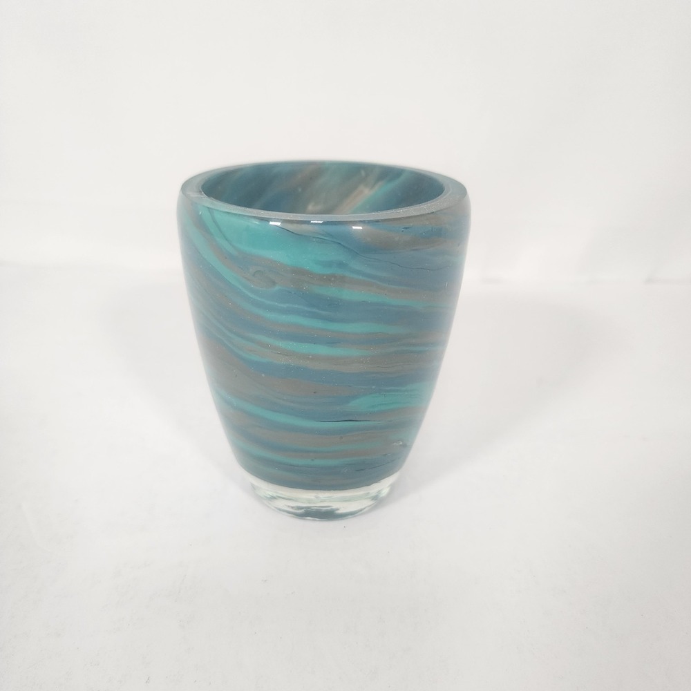 Hand Blown Art Glass Tumbler Blue Aqua Swirl Studio Glass Cup Votive Holder